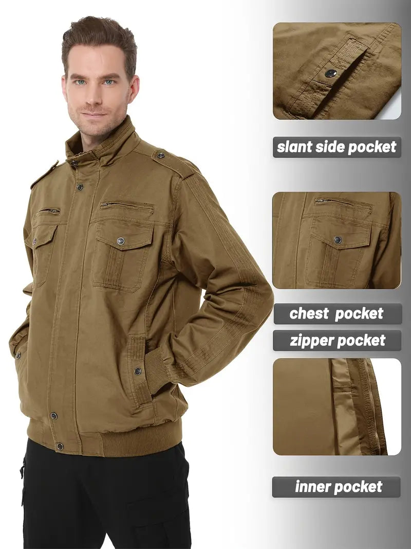 Men’s Cotton Cargo Jacket Full Zipper Lightweight Work