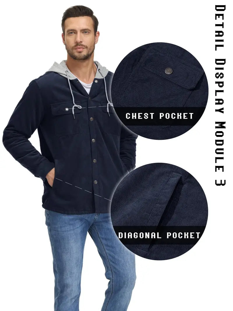 Men’s Cotton Hooded Button Jacket Thermal Lined Casual Fashion Coat with Multi Pockets