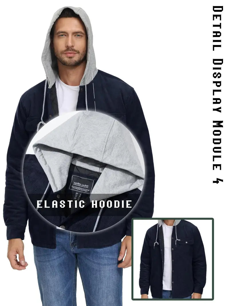 Men’s Cotton Hooded Button Jacket Thermal Lined Casual Fashion Coat with Multi Pockets