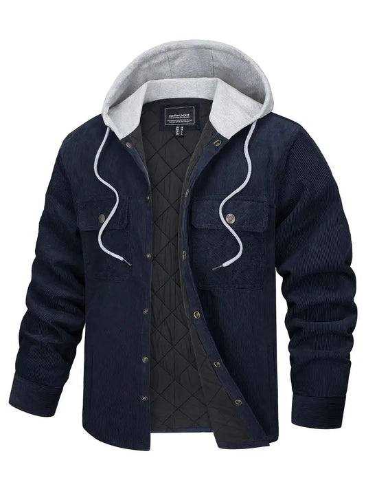Men’s Cotton Hooded Button Jacket Thermal Lined Casual Fashion Coat with Multi Pockets